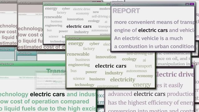 Electric cars EV clean and sustainable transport and green energy pop up windows on computer screen. Abstract concept of news titles across media. Seamless and looped display.