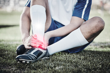 Injury, soccer player or hand of a man on foot pain, emergency or accident in fitness training. Sports, problem or football athlete with muscle inflammation, broken leg or swollen ankle on field