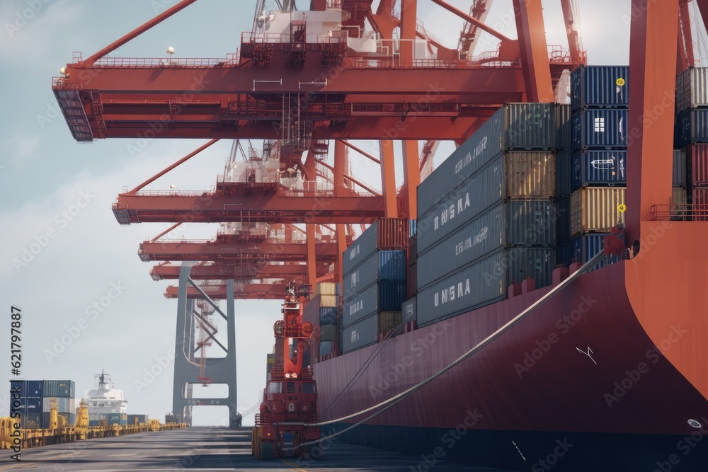 Poster loading a container ship at cargo berth of the seaport using port cranes. containers are stacked and
