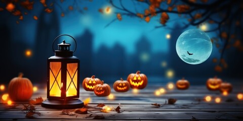 Halloween background with the full moon and lantern on wooden background in the blue night. blurred light in a cloudy sky
