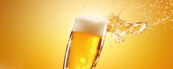Golden beer with a white head in mug glass, bubbles all over background, panorama. Generative Ai.