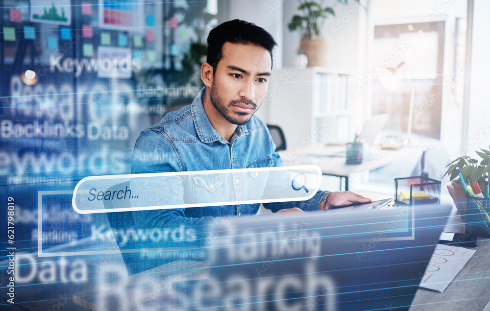 Aufkleber Man, tablet and hologram for seo startup, ux web design and planning with 3d text overlay in office. Developer, digital touchscreen and laptop with holographic search bar, charts and stats for coding