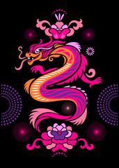 Chinese Happy New Year 2024. Year of the Dragon. Symbol of New Year. Purple Dragon on black