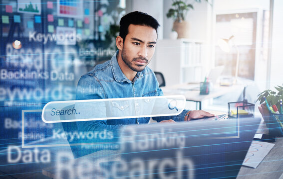 Man, tablet and hologram for seo startup, ux web design and planning with 3d text overlay in office. Developer, digital touchscreen and laptop with holographic search bar, charts and stats for coding