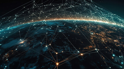Naklejka na ściany i meble Connecting Continents: Earth's Nodes and Lines Demonstrating Worldwide Interconnectivity. Generative AI.