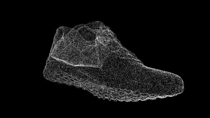 3D shoes rotates on black bg. Product presentation shoe concept. Holographic sneaker shoe. Business advertising backdrop. Shimmering particles. For title, text, presentation. 3D animation 60 FPS