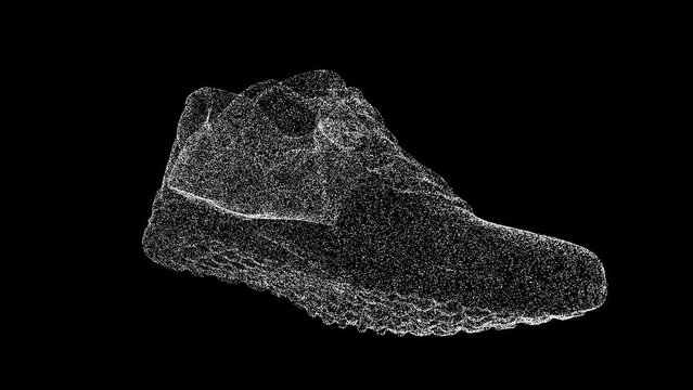 3D shoes rotates on black bg. Product presentation shoe concept. Holographic sneaker shoe. Business advertising backdrop. Shimmering particles. For title, text, presentation. 3D animation 60 FPS