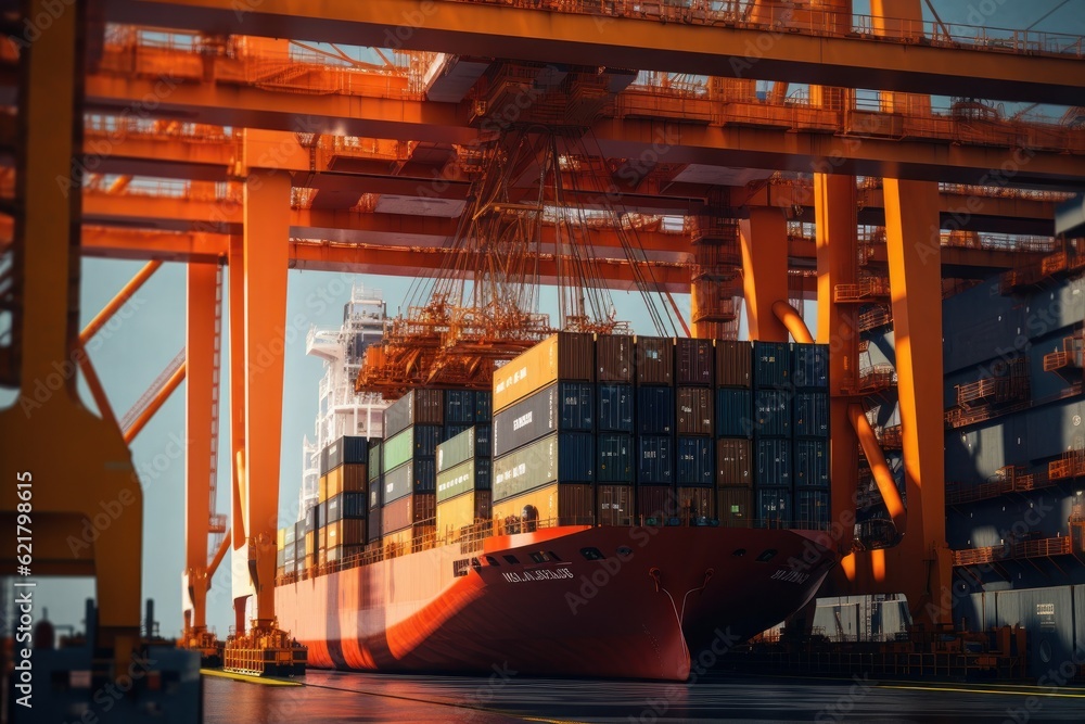 Poster loading a container ship at cargo berth of the seaport using port cranes. containers are stacked and