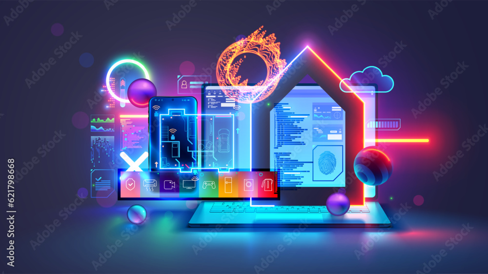 Aufkleber Smart home, IOT phone application setting. Programming scenarios for operation of smart home system. Smart home system development. Engineering, coding on laptop of IOT devices in network Smart Home.