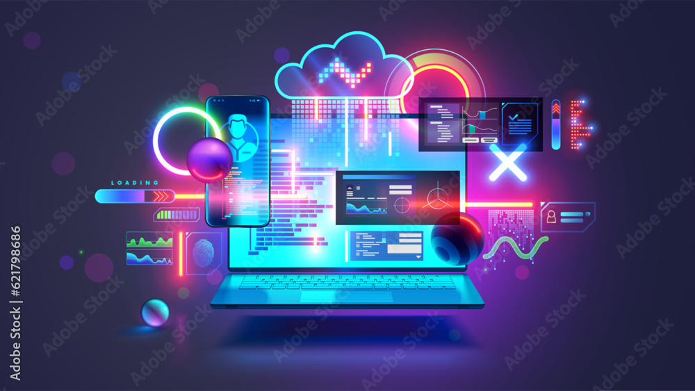 Fototapete Software development concept. Laptop with open screen hanging over desk. Coding or programming software and computer applications concept, Development interface of program for laptop and mobile phone.