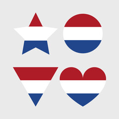 The Netherlands flag vector icons set in the shape of heart, star, circle and map. Dutch flag illustration in different geometrical shapes.