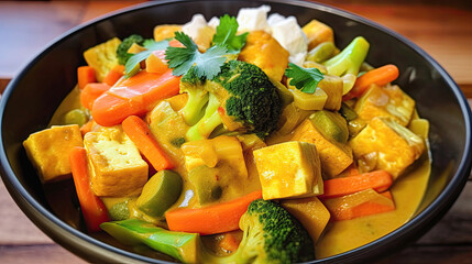 A vegan coconut curry with tofu and mixed veggies - Generative AI - 621798628