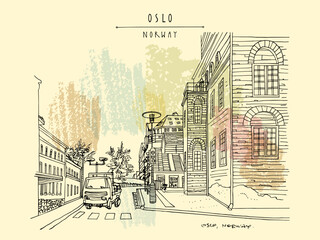Vector Oslo city, Norway travel postcard. Street in Norwegian capital downtown. Artistic Scandinavian travel sketch. Hand drawn vintage retro touristic town poster illustration