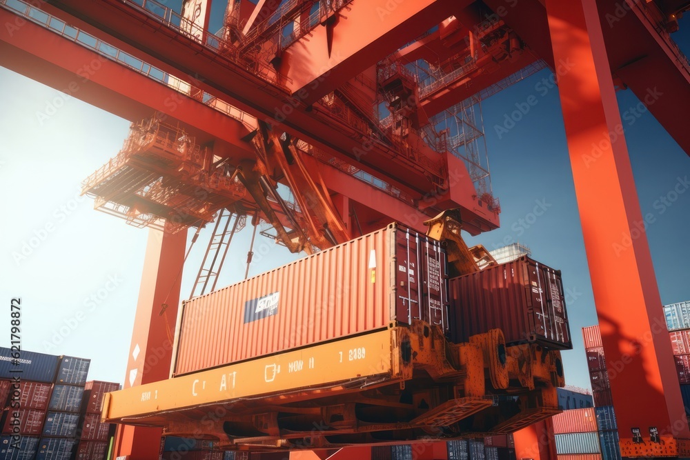 Poster close-up of a huge port crane. containers are stacked on the loading dock and ready to be loaded onb