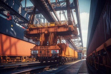 Port cargo terminal, transport hub. Port cranes reload cargo from a sea vessel into railway freight cars for further transportation. Global freight transport and logistics concept. 3D illustration.