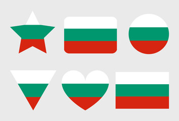 Bulgaria flag vector icons set in the shape of heart, star, circle and map.