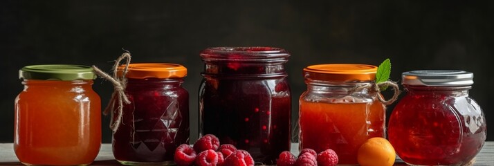 Fototapeta na wymiar Assortment of summer seasonal berry and fruits jams in small jars, homemade preserving concept, marmalades or confitures with fresh berries jam jar, mix jam, various jams, type jam. Generative ai