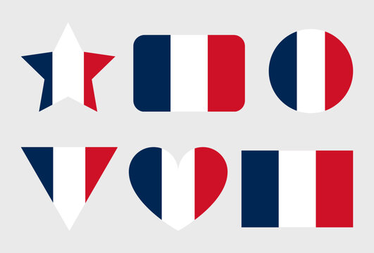 France flag vector icons set in the shape of heart, star, circle and map. French flag illustration in different geometrical shapes.