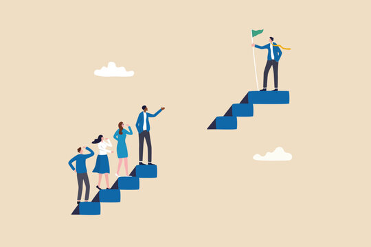 Skill gap, employee difficulty or difference knowledge, competence or career problem, talent obstacle or opportunity challenge concept, business people climb up stair to find sill gap to reach goal.