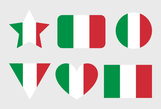 Italy flag vector icons set in the shape of heart, star, circle and map