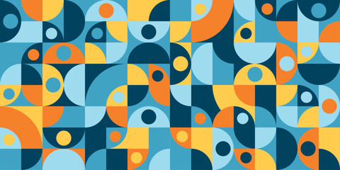 Vector seamless pattern, 60s bauhaus abctract geometric background with blue and orange colors