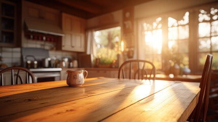 Copy space wooden table in kitchen background. Generative ai.