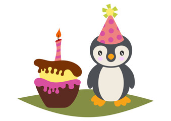Happy birthday penguin with birthday cake