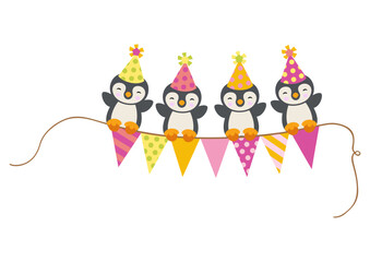 Four cute penguins on top of party flag banner