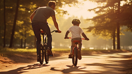 Parent and child on bicycle, riding in Park, enjoying, happy, emotional