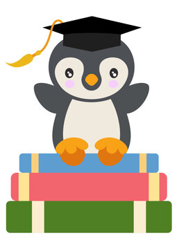 Cute penguin with graduation cap sitting on top of books