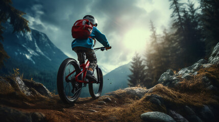 Naklejka premium Little Boy, Child riding his bike outdoors in Nature