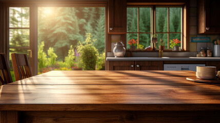 Copy space wooden table in kitchen background. Generative ai.