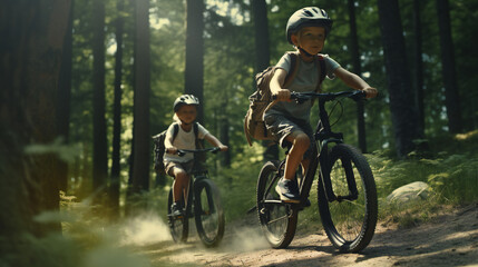 Two kids riding a mountain bike, cross bikes