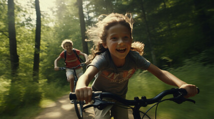 Obraz premium Child riding a bike in the Forest, speed, happy, smiling, group of kids, holiday, biking