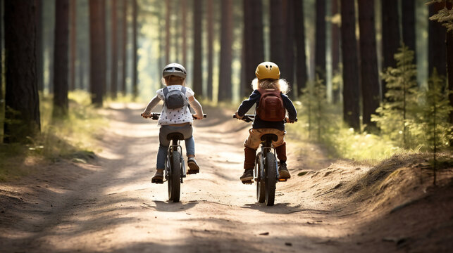 Young Children, Kids riding bikes in forest, woods, mountain biking, dusty road