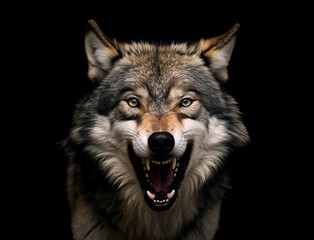 Portrait eines zähnefletschenden Wolfs / Wolf vor schwarzem Hintergrund erstellt mit generativer KI - 621800804