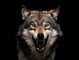 Keuken spatwand met foto Portrait eines zähnefletschenden Wolfs / Wolf vor schwarzem Hintergrund erstellt mit generativer KI © rawku5