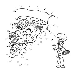 Point to point game. Draw a line. Cheerful piece of pizza. For children. Worksheet. Coloring book. Cartoon character.