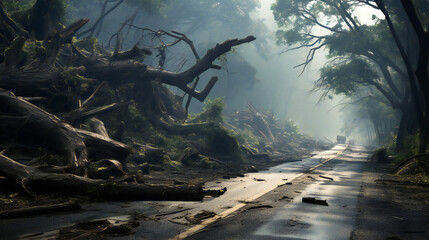 Fallen, broken Trees lying on Road, Street after big Storm, Tornado, Hurricane