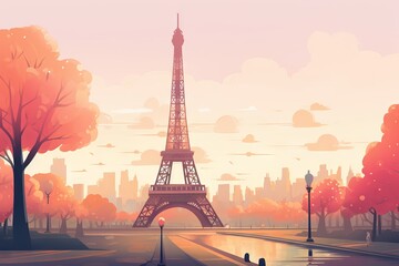 eiffel tower at sunset with painting cartoon design. Generative AI
