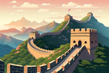 Great Wall China at sunset with painting cartoon design. Generative AI - obrazy, fototapety, plakaty