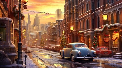 Retro cars in the old town in snowy weather for Christmas, Generative AI