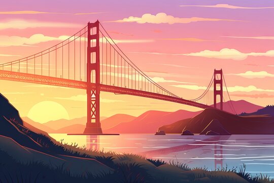 golden gate bridge at sunset with painting cartoon design. Generative AI