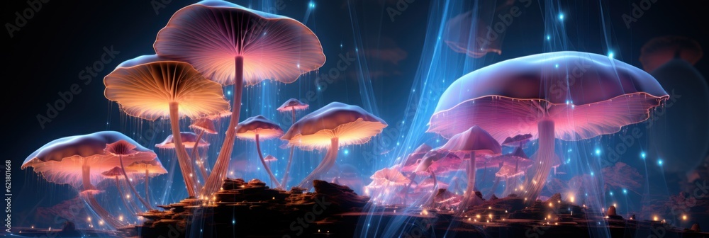 Poster a group of mushrooms that are in the air. generative ai image.