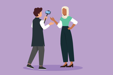 Graphic flat design drawing beauty Arabian girl makes video blog with cameraman on street. Pretty woman blogger, journalist filming with smartphone and videographer. Cartoon style vector illustration