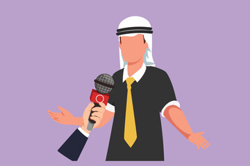 Cartoon flat style drawing Arab businessman giving interview in presence of journalists with microphones. Successful man gives comments, opinions for breaking news. Graphic design vector illustration