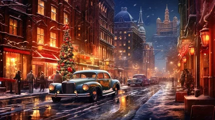 Papier Peint photo Voitures de dessin animé Retro cars in the old town in snowy weather for Christmas, Generative AI
