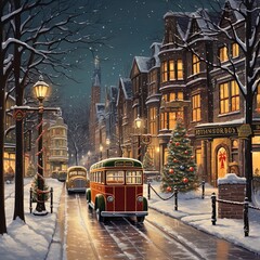 Obraz premium Retro cars in the old town in snowy weather for Christmas, Generative AI