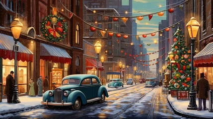 Poster Im Rahmen Retro cars in the old town in snowy weather for Christmas, Generative AI © Irina