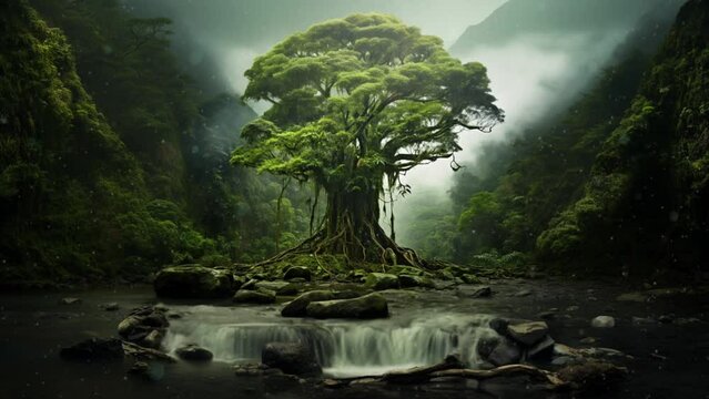 Emerald Marvel: Amazon's Pride - Intriguing image of a spectacular tree towering in the Amazon. Perfect for eco-tourism, sustainability initiatives, and conservation efforts. Reworked generative AI.